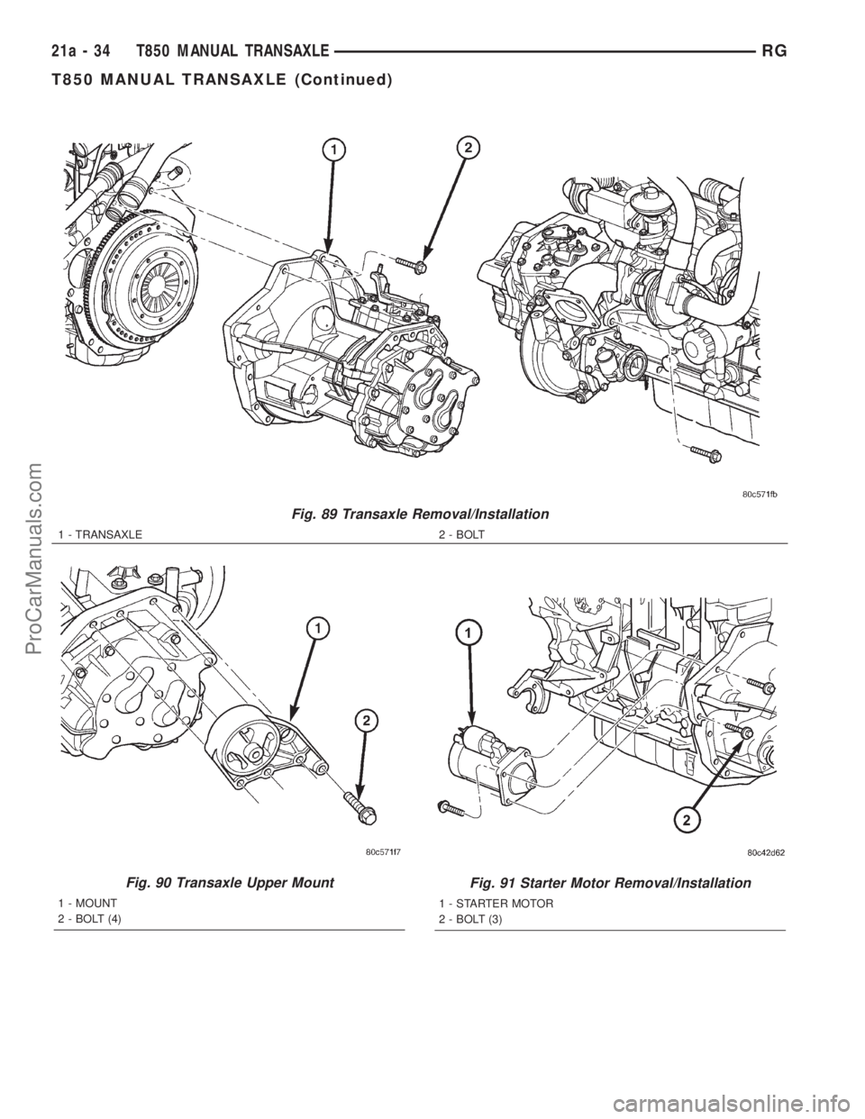 DODGE TOWN AND COUNTRY 2001  Service Manual Fig. 89 Transaxle Removal/Installation
1 - TRANSAXLE 2 - BOLT
Fig. 90 Transaxle Upper Mount
1 - MOUNT
2 - BOLT (4)
Fig. 91 Starter Motor Removal/Installation
1 - STARTER MOTOR
2 - BOLT (3)
21a - 34 T8