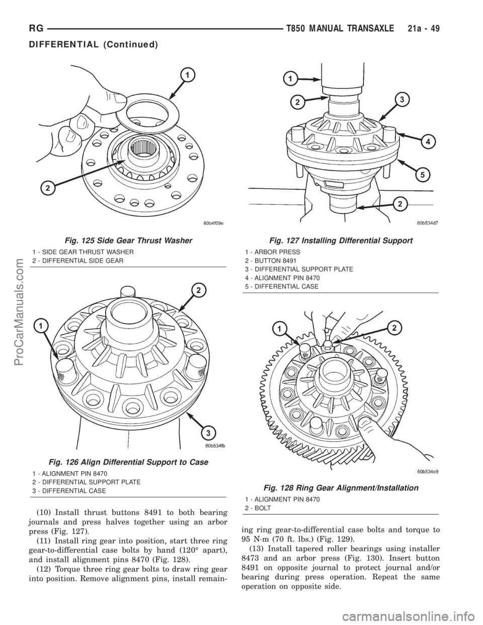 DODGE TOWN AND COUNTRY 2001  Service Manual (10) Install thrust buttons 8491 to both bearing
journals and press halves together using an arbor
press (Fig. 127).
(11) Install ring gear into position, start three ring
gear-to-differential case bo