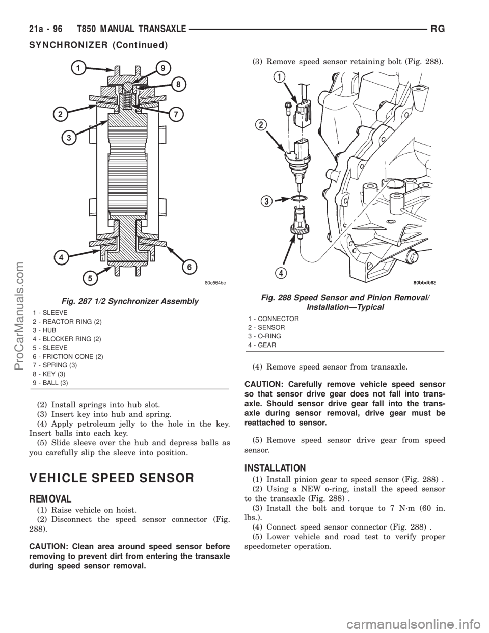 DODGE TOWN AND COUNTRY 2001  Service Manual (2) Install springs into hub slot.
(3) Insert key into hub and spring.
(4) Apply petroleum jelly to the hole in the key.
Insert balls into each key.
(5) Slide sleeve over the hub and depress balls as

