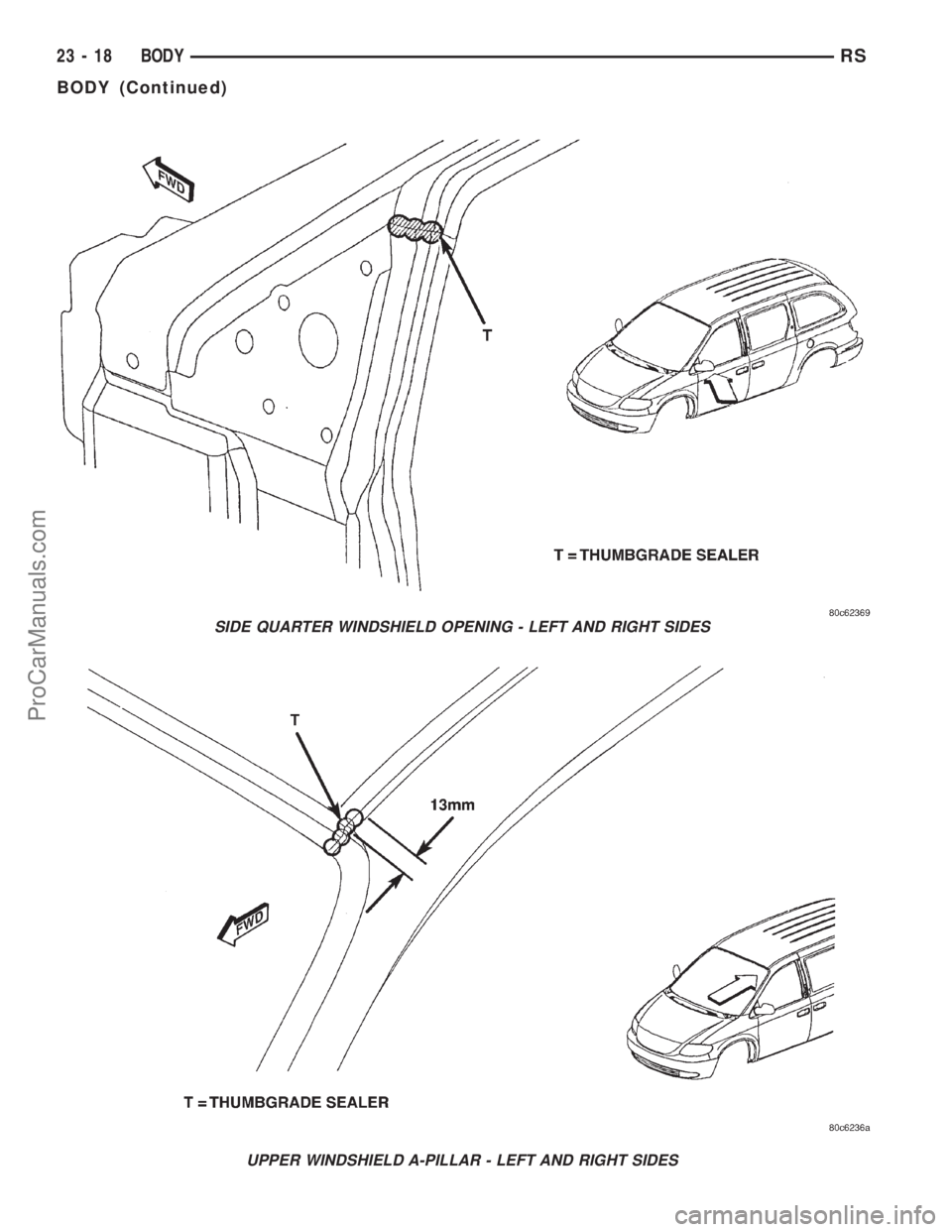 DODGE TOWN AND COUNTRY 2001  Service Manual SIDE QUARTER WINDSHIELD OPENING - LEFT AND RIGHT SIDES
UPPER WINDSHIELD A-PILLAR - LEFT AND RIGHT SIDES
23 - 18 BODYRS
BODY (Continued)
ProCarManuals.com 