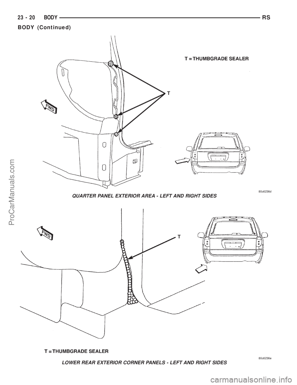 DODGE TOWN AND COUNTRY 2001  Service Manual QUARTER PANEL EXTERIOR AREA - LEFT AND RIGHT SIDES
LOWER REAR EXTERIOR CORNER PANELS - LEFT AND RIGHT SIDES
23 - 20 BODYRS
BODY (Continued)
ProCarManuals.com 