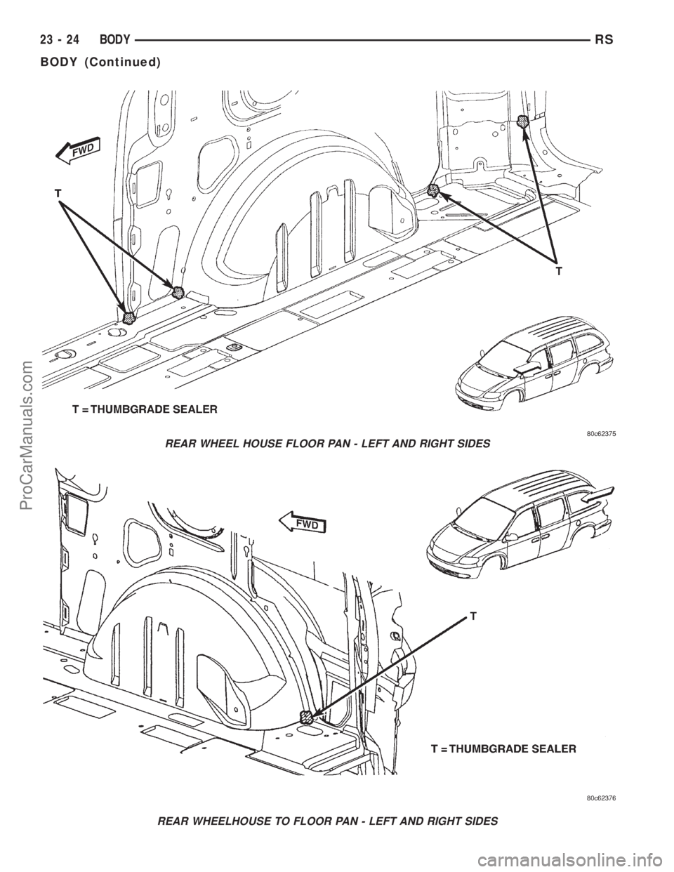 DODGE TOWN AND COUNTRY 2001  Service Manual REAR WHEEL HOUSE FLOOR PAN - LEFT AND RIGHT SIDES
REAR WHEELHOUSE TO FLOOR PAN - LEFT AND RIGHT SIDES
23 - 24 BODYRS
BODY (Continued)
ProCarManuals.com 