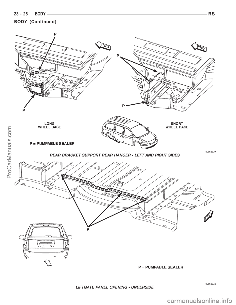 DODGE TOWN AND COUNTRY 2001  Service Manual REAR BRACKET SUPPORT REAR HANGER - LEFT AND RIGHT SIDES
LIFTGATE PANEL OPENING - UNDERSIDE
23 - 26 BODYRS
BODY (Continued)
ProCarManuals.com 
