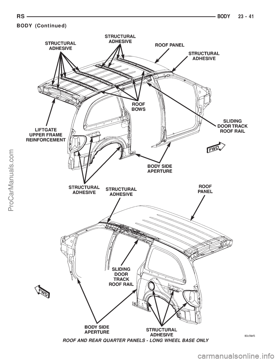 DODGE TOWN AND COUNTRY 2001  Service Manual ROOF AND REAR QUARTER PANELS - LONG WHEEL BASE ONLY
RSBODY23-41
BODY (Continued)
ProCarManuals.com 