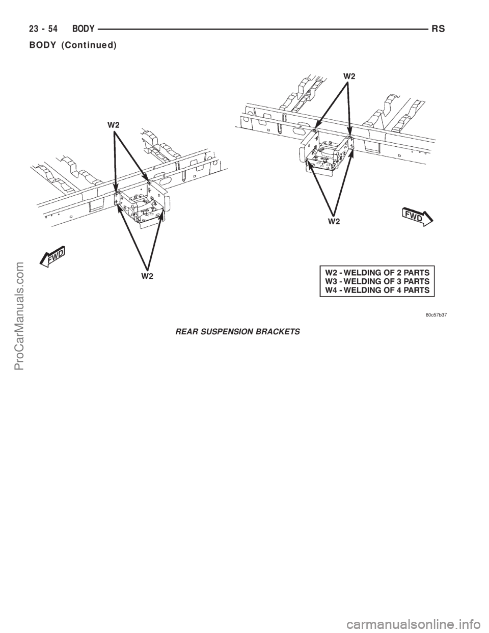 DODGE TOWN AND COUNTRY 2001  Service Manual REAR SUSPENSION BRACKETS
23 - 54 BODYRS
BODY (Continued)
ProCarManuals.com 
