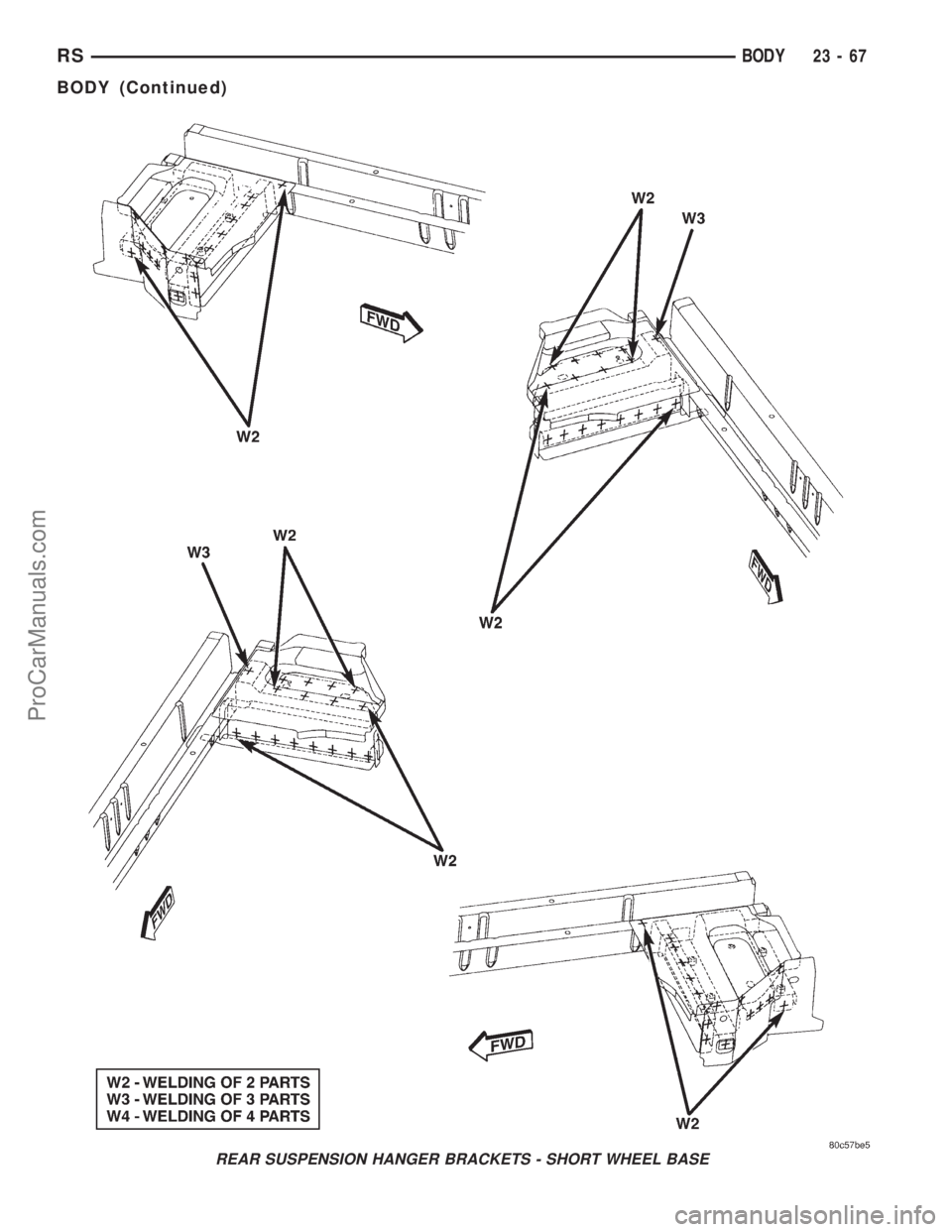 DODGE TOWN AND COUNTRY 2001  Service Manual REAR SUSPENSION HANGER BRACKETS - SHORT WHEEL BASE
RSBODY23-67
BODY (Continued)
ProCarManuals.com 