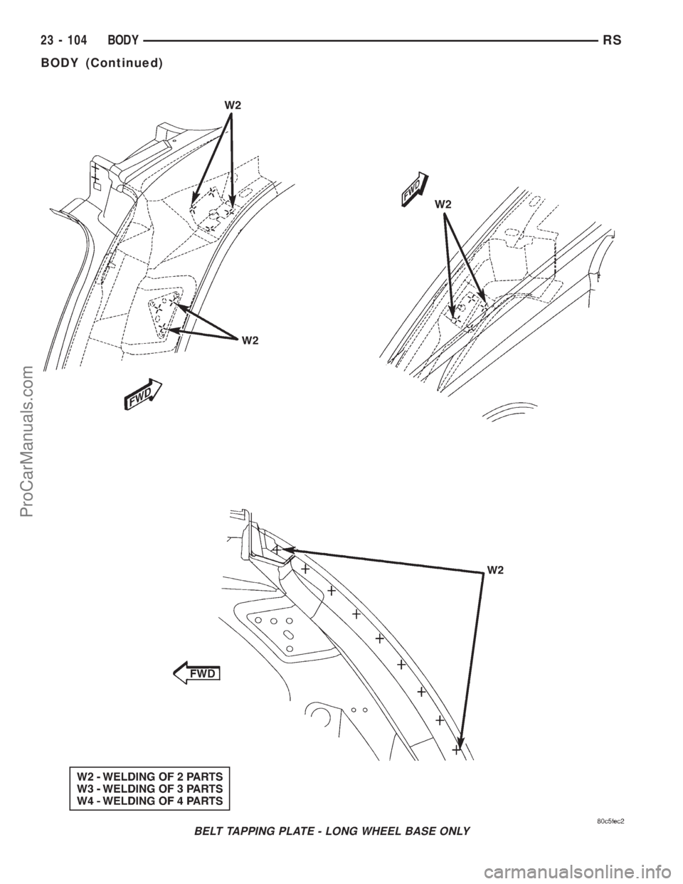 DODGE TOWN AND COUNTRY 2001  Service Manual BELT TAPPING PLATE - LONG WHEEL BASE ONLY
23 - 104 BODYRS
BODY (Continued)
ProCarManuals.com 