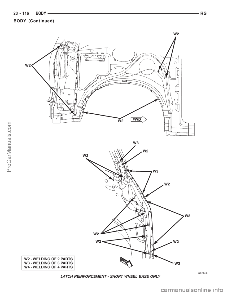 DODGE TOWN AND COUNTRY 2001  Service Manual LATCH REINFORCEMENT - SHORT WHEEL BASE ONLY
23 - 116 BODYRS
BODY (Continued)
ProCarManuals.com 