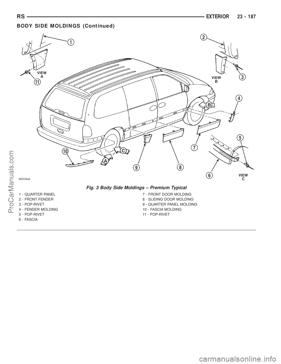 DODGE TOWN AND COUNTRY 2001  Service Manual Fig. 3 Body Side Moldings ± Premium Typical
1 - QUARTER PANEL
2 - FRONT FENDER
3 - POP-RIVET
4 - FENDER MOLDING
5 - POP-RIVET
6 - FASCIA7 - FRONT DOOR MOLDING
8 - SLIDING DOOR MOLDING
9 - QUARTER PAN