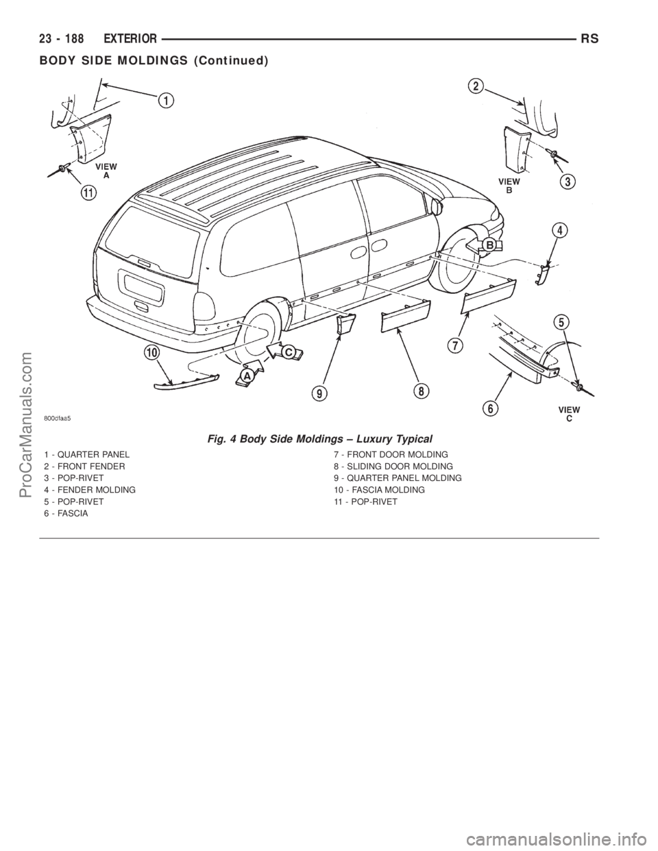 DODGE TOWN AND COUNTRY 2001  Service Manual Fig. 4 Body Side Moldings ± Luxury Typical
1 - QUARTER PANEL
2 - FRONT FENDER
3 - POP-RIVET
4 - FENDER MOLDING
5 - POP-RIVET
6 - FASCIA7 - FRONT DOOR MOLDING
8 - SLIDING DOOR MOLDING
9 - QUARTER PANE