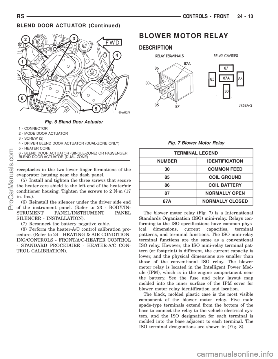 DODGE TOWN AND COUNTRY 2001  Service Manual receptacles in the two lower finger formations of the
evaporator housing near the dash panel.
(5) Install and tighten the three screws that secure
the heater core shield to the left end of the heater/