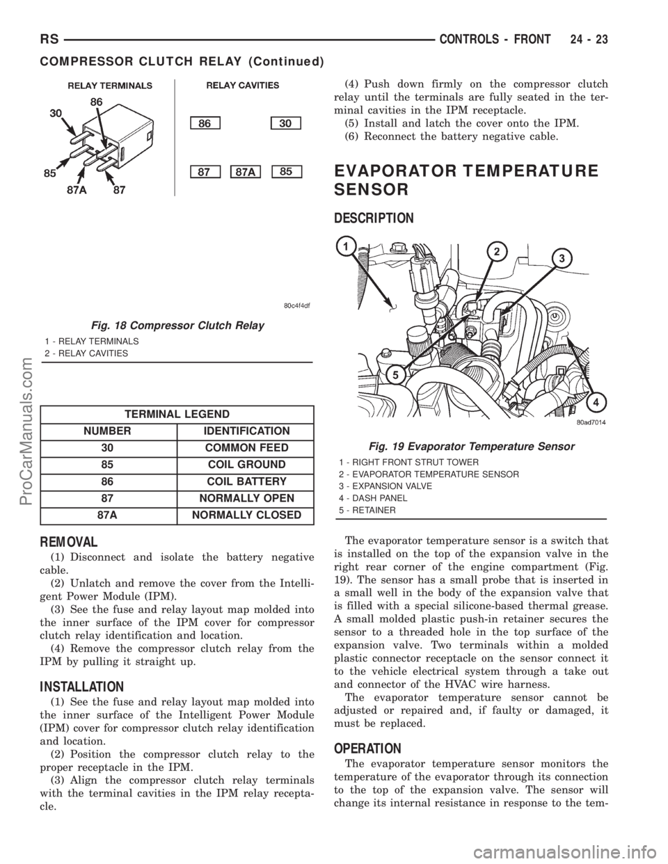 DODGE TOWN AND COUNTRY 2001  Service Manual TERMINAL LEGEND
NUMBER IDENTIFICATION
30 COMMON FEED
85 COIL GROUND
86 COIL BATTERY
87 NORMALLY OPEN
87A NORMALLY CLOSED
REMOVAL
(1) Disconnect and isolate the battery negative
cable.
(2) Unlatch and 