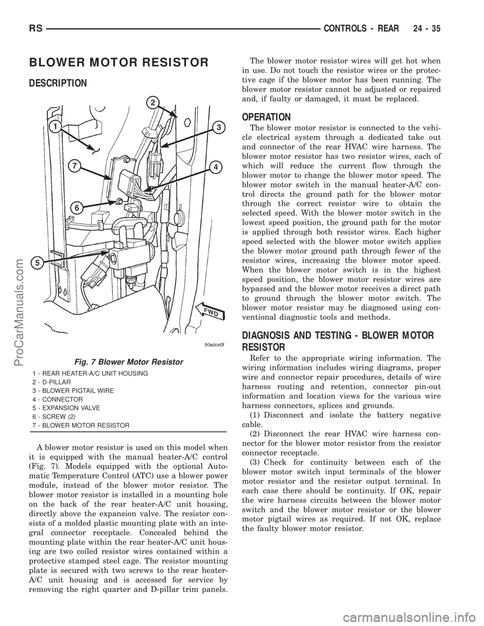 DODGE TOWN AND COUNTRY 2001  Service Manual BLOWER MOTOR RESISTOR
DESCRIPTION
A blower motor resistor is used on this model when
it is equipped with the manual heater-A/C control
(Fig. 7). Models equipped with the optional Auto-
matic Temperatu