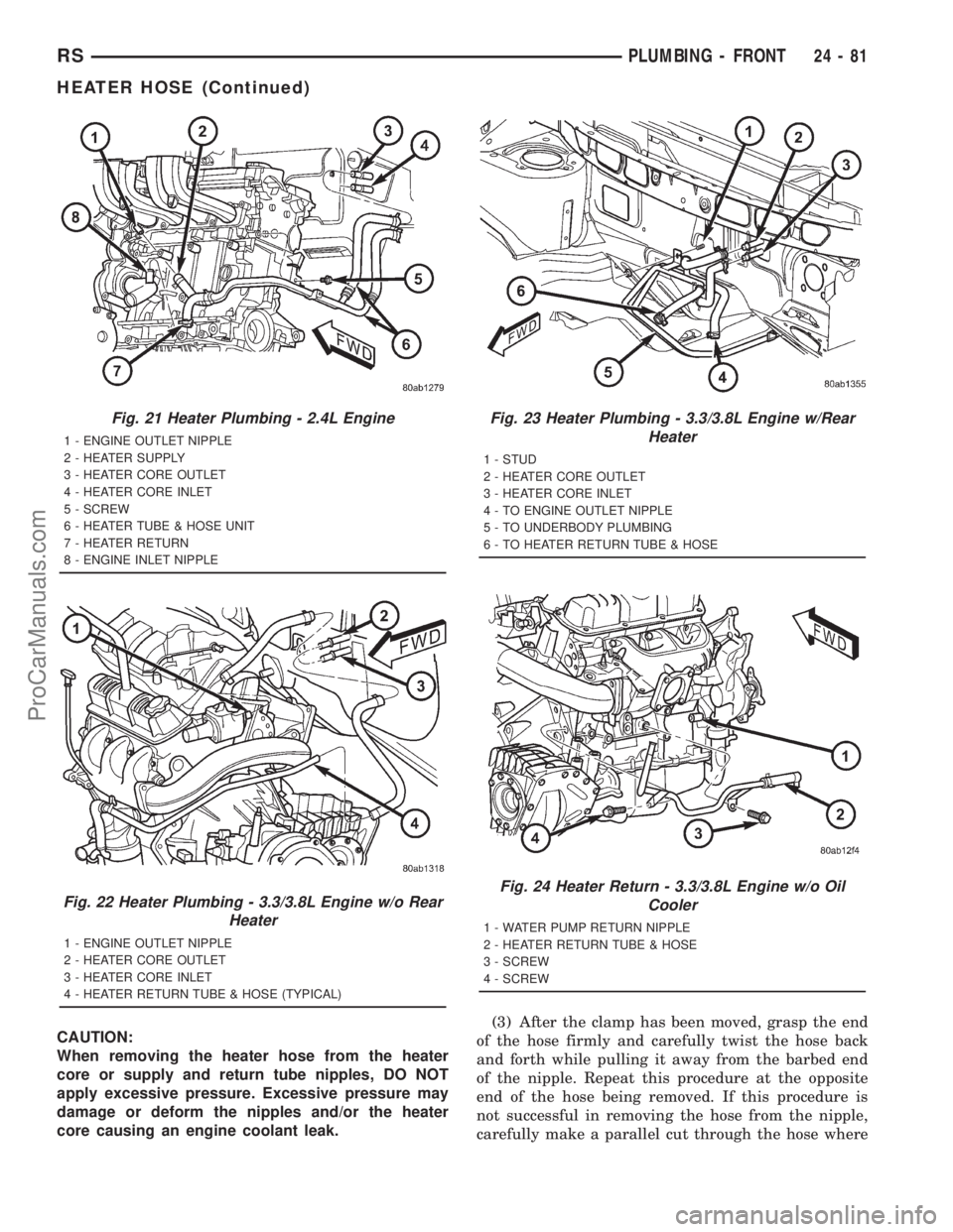 DODGE TOWN AND COUNTRY 2001  Service Manual CAUTION:
When removing the heater hose from the heater
core or supply and return tube nipples, DO NOT
apply excessive pressure. Excessive pressure may
damage or deform the nipples and/or the heater
co