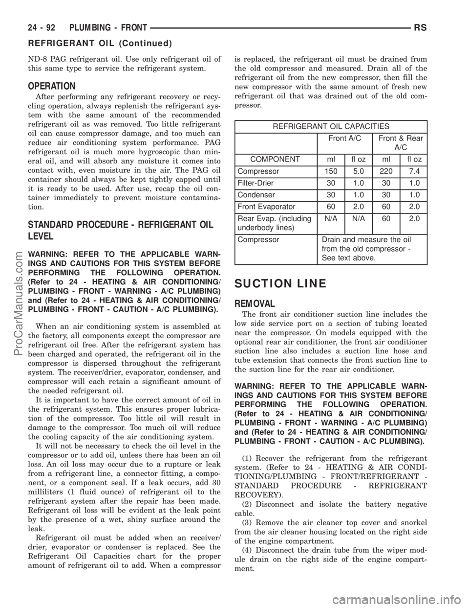 DODGE TOWN AND COUNTRY 2001  Service Manual ND-8 PAG refrigerant oil. Use only refrigerant oil of
this same type to service the refrigerant system.
OPERATION
After performing any refrigerant recovery or recy-
cling operation, always replenish t
