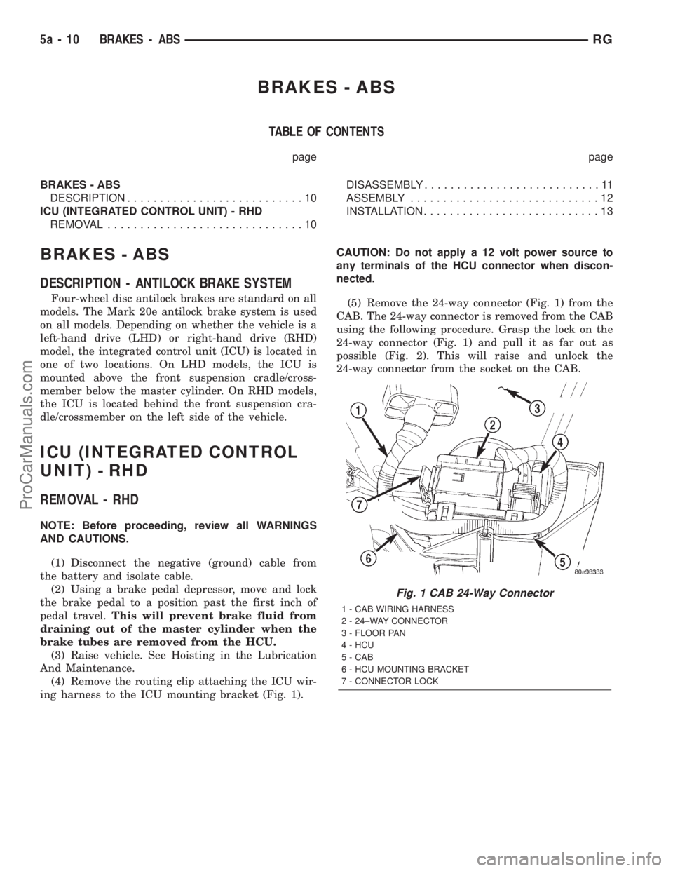DODGE TOWN AND COUNTRY 2001  Service Manual BRAKES - ABS
TABLE OF CONTENTS
page page
BRAKES - ABS
DESCRIPTION...........................10
ICU (INTEGRATED CONTROL UNIT) - RHD
REMOVAL..............................10DISASSEMBLY...................