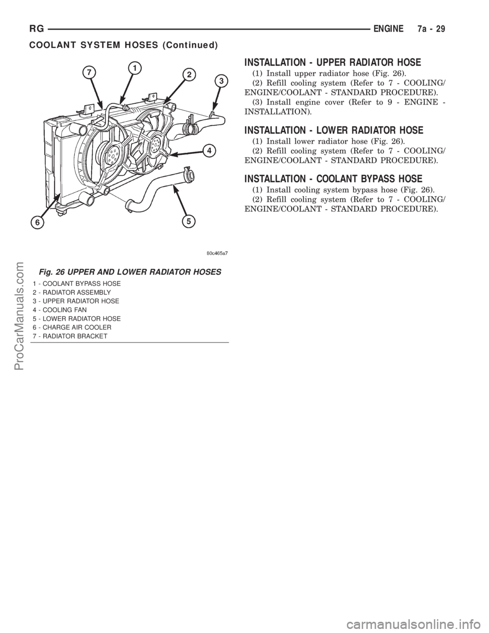 DODGE TOWN AND COUNTRY 2001  Service Manual INSTALLATION - UPPER RADIATOR HOSE
(1) Install upper radiator hose (Fig. 26).
(2) Refill cooling system (Refer to 7 - COOLING/
ENGINE/COOLANT - STANDARD PROCEDURE).
(3) Install engine cover (Refer to 