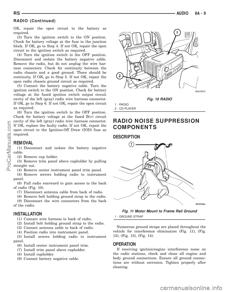 DODGE TOWN AND COUNTRY 2001  Service Manual OK, repair the open circuit to the battery as
required.
(3) Turn the ignition switch to the ON position.
Check for battery voltage at the fuse in the junction
block. If OK, go to Step 4. If not OK, re