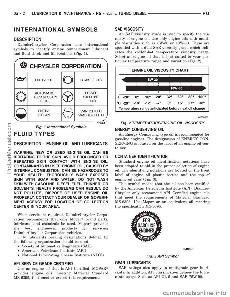 DODGE TOWN AND COUNTRY 2001  Service Manual INTERNATIONAL SYMBOLS
DESCRIPTION
DaimlerChrysler Corporation uses international
symbols to identify engine compartment lubricant
and fluid check and fill locations (Fig. 1).
FLUID TYPES
DESCRIPTION -