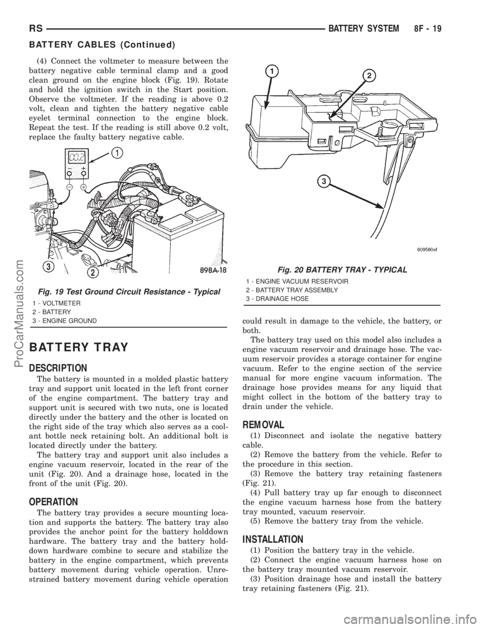 DODGE TOWN AND COUNTRY 2001  Service Manual (4) Connect the voltmeter to measure between the
battery negative cable terminal clamp and a good
clean ground on the engine block (Fig. 19). Rotate
and hold the ignition switch in the Start position.