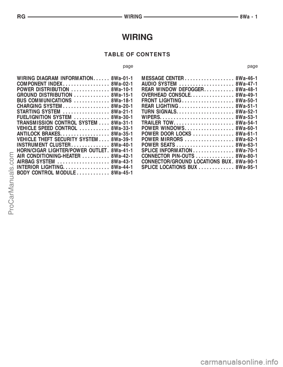 DODGE TOWN AND COUNTRY 2001  Service Manual WIRING
TABLE OF CONTENTS
page page
WIRING DIAGRAM INFORMATION...... 8Wa-01-1
COMPONENT INDEX................. 8Wa-02-1
POWER DISTRIBUTION.............. 8Wa-10-1
GROUND DISTRIBUTION............. 8Wa-15