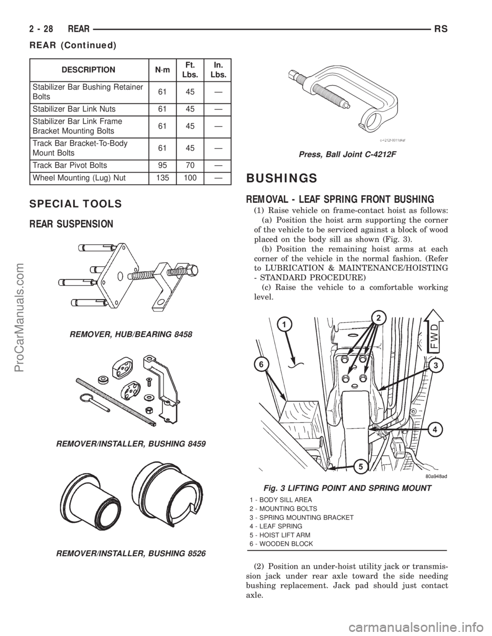 DODGE TOWN AND COUNTRY 2001  Service Manual DESCRIPTION N´mFt.
Lbs.In.
Lbs.
Stabilizer Bar Bushing Retainer
Bolts61 45 Ð
Stabilizer Bar Link Nuts 61 45 Ð
Stabilizer Bar Link Frame
Bracket Mounting Bolts61 45 Ð
Track Bar Bracket-To-Body
Moun