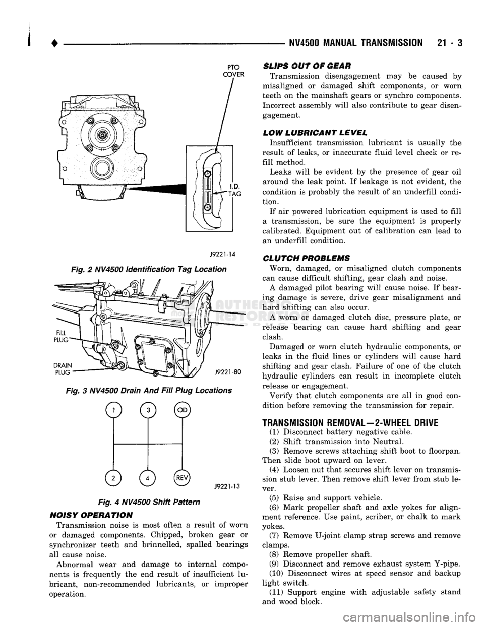 DODGE TRUCK 1993  Service Repair Manual 
• 

NV4500 MANUAL
 TRANSMISSION
 21 - 3 

PTO 

COVER 

J9221-14 

Fig. 2 NV4500 identification Tag Location 
 DRAIN 

PLUG 
 J9221-80 

Fig. 3 NV4500 Drain And Fill Plug Locations 

o
 0 © 
0 0©