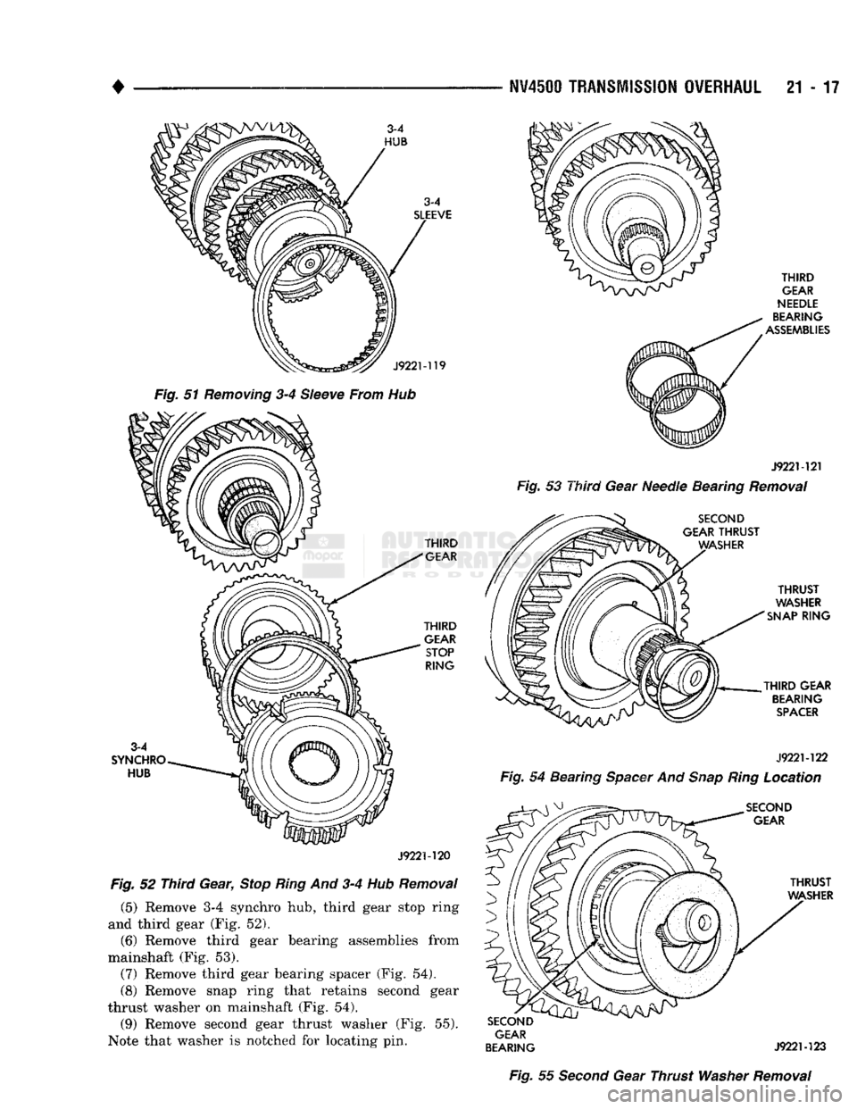 DODGE TRUCK 1993  Service Repair Manual 
NV4500
 TRANSMISSION OVERHAUL
 21 - 17 

J922M19 

Fig.
 51
 Removing
 3-4
 Sieeve
 From Hub 
 THIRD 

GEAR 

NEEDLE 

BEARING 

ASSEMBLIES 

THIRD 
 GEAR 

THIRD 
 GEAR  STOP 

RING 
 J922M21 

Fig.