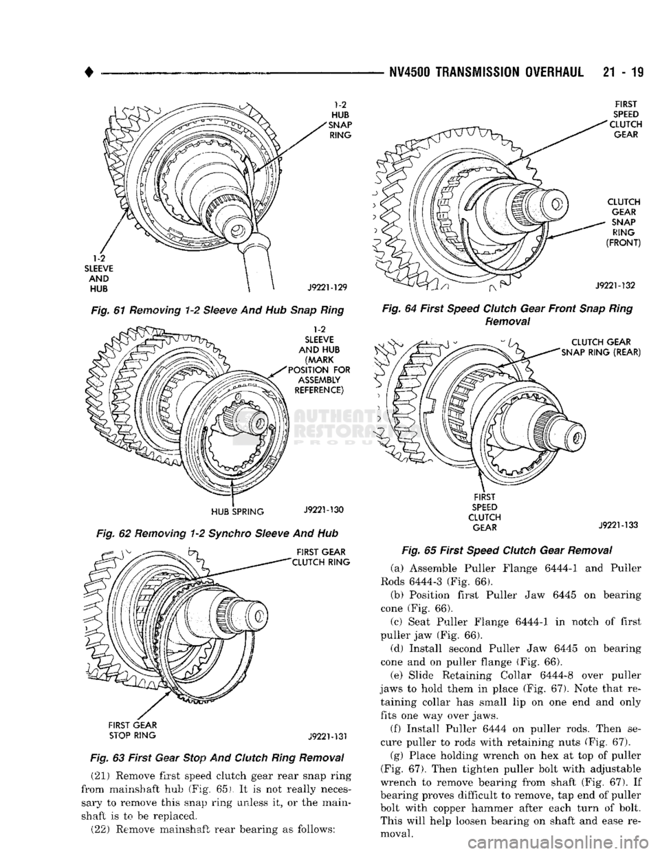 DODGE TRUCK 1993 Service Repair Manual
NV4500
TRANSMISSION OVERHAUL
21 - 19
J9221-129
Fig. 81 Hemming 1-2 Sleeve And Hub Snap Ring 1-2
SLEEVE
AND
HUB
(MARK
POSITION
FOR
ASSEMBLY
REFERENCE)
HUB
SPRING
J9221-130
DODGE TRUCK 1993 Service Repair Manual
NV4500
TRANSMISSION OVERHAUL
21 - 19
J9221-129
Fig. 81 Hemming 1-2 Sleeve And Hub Snap Ring 1-2
SLEEVE
AND
HUB
(MARK
POSITION
FOR
ASSEMBLY
REFERENCE)
HUB
SPRING
J9221-130