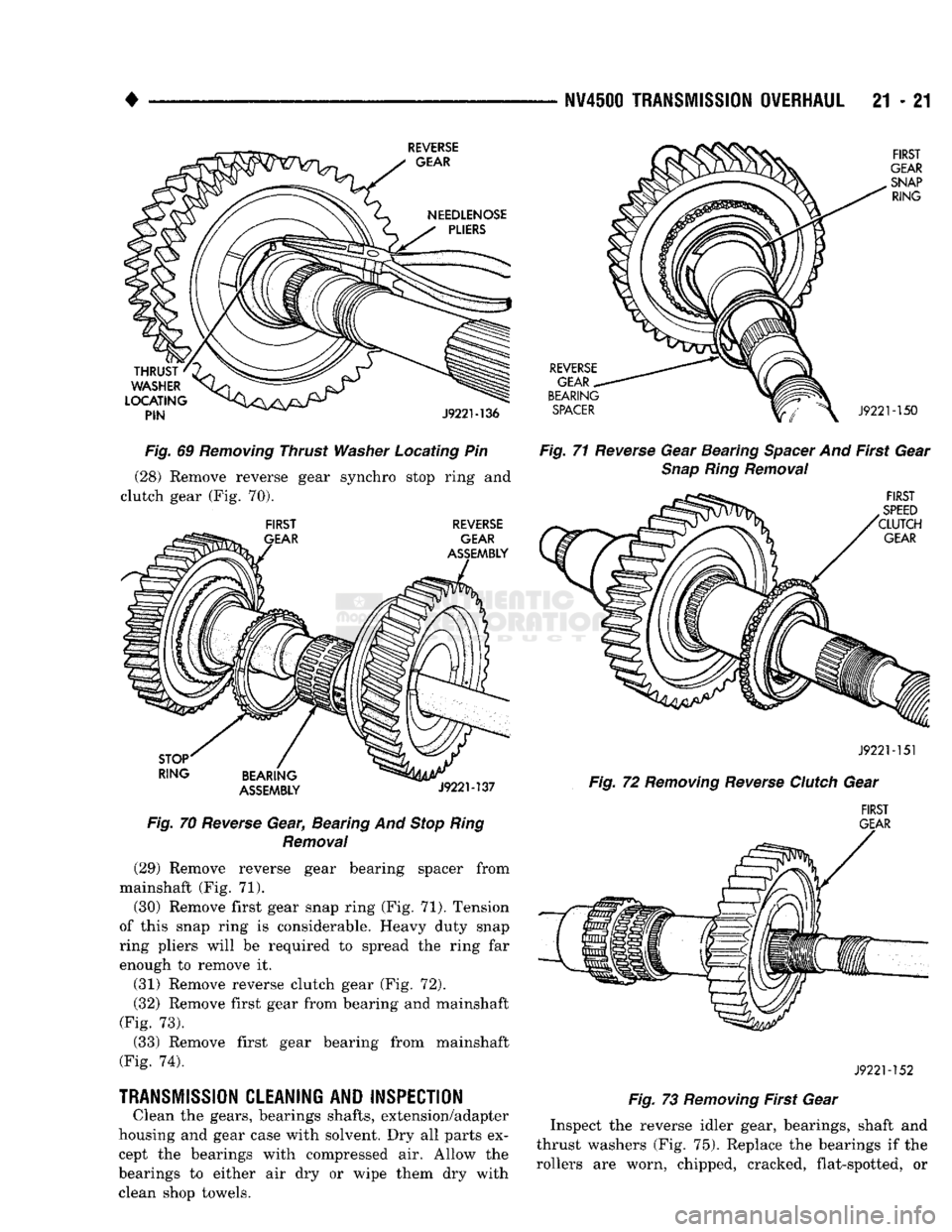 DODGE TRUCK 1993 Service Repair Manual
•
NV4500
TRANSMISSION OVERHAUL
21 - 21
Fig.
69
Removing
Thrust Washer Locating Pin (28) Remove reverse gear synchro stop ring and
clutch gear (Fig. 70).
FIRST
REVERSE
Fig.
70
Reve DODGE TRUCK 1993 Service Repair Manual
•
NV4500
TRANSMISSION OVERHAUL
21 - 21
Fig.
69
Removing
Thrust Washer Locating Pin (28) Remove reverse gear synchro stop ring and
clutch gear (Fig. 70).
FIRST
REVERSE
Fig.
70
Reve