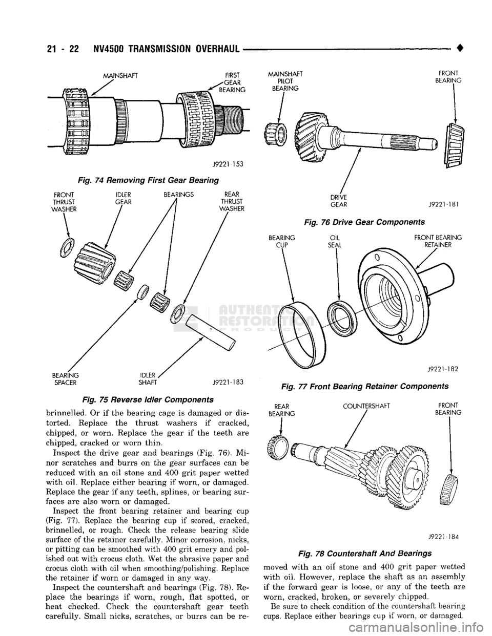 DODGE TRUCK 1993 Service Repair Manual
21
- 22
IV4500
TRANSMISSION
OVERHAUL
•
MAINSHAFT FIRST
SPACER SHAFT J9221-183 Fig.
75
Reverse
idler
Components
brinnelled. Or if the bearing cage is damaged or dis
torted. Replace DODGE TRUCK 1993 Service Repair Manual
21
- 22
IV4500
TRANSMISSION
OVERHAUL
•
MAINSHAFT FIRST
SPACER SHAFT J9221-183 Fig.
75
Reverse
idler
Components
brinnelled. Or if the bearing cage is damaged or dis
torted. Replace