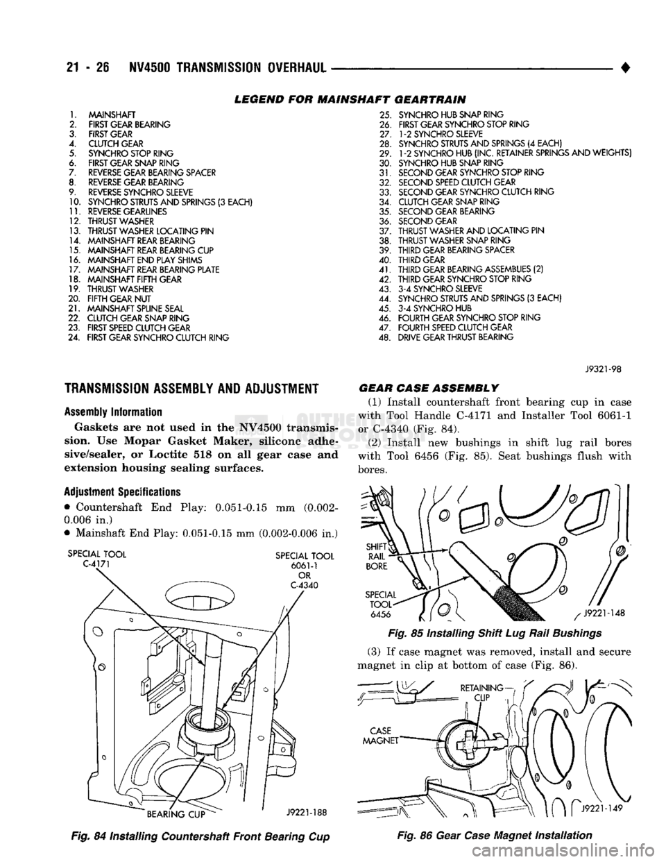 DODGE TRUCK 1993 Service Repair Manual
21
- 26
NV4500
TRANSMISSION
OVERHAUL
• LEGEND FOR
1.
MAINSHAFT
2. FIRST GEAR BEARING
3.
FIRST GEAR
4.
CLUTCH GEAR
5.
SYNCHRO STOP RING
6.
FIRST GEAR SNAP RING
7.
REVERSE
G DODGE TRUCK 1993 Service Repair Manual
21
- 26
NV4500
TRANSMISSION
OVERHAUL
• LEGEND FOR
1.
MAINSHAFT
2. FIRST GEAR BEARING
3.
FIRST GEAR
4.
CLUTCH GEAR
5.
SYNCHRO STOP RING
6.
FIRST GEAR SNAP RING
7.
REVERSE
G