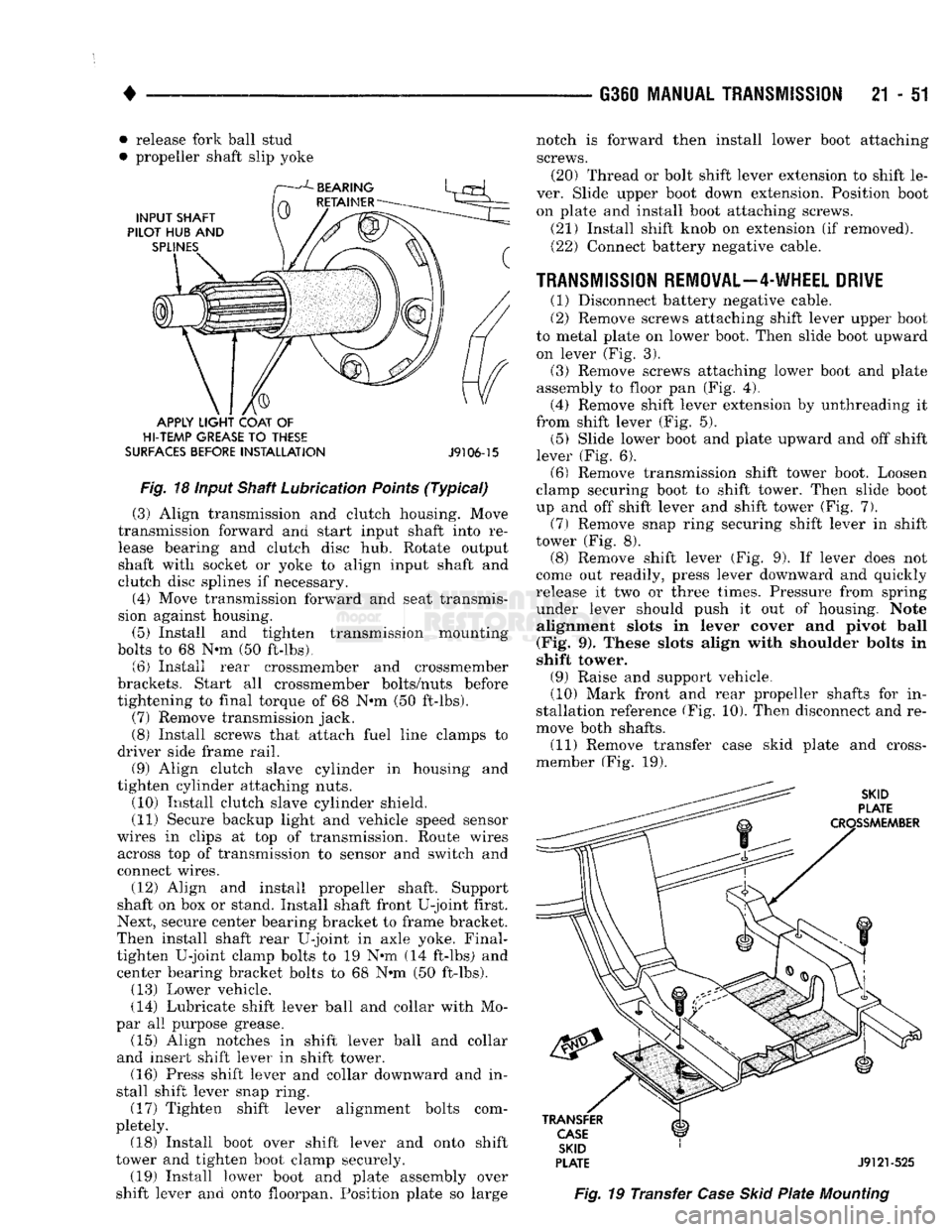 DODGE TRUCK 1993  Service Repair Manual 
• 
• release fork ball stud 
• propeller shaft slip yoke 

APPLY
 LIGHT
 COAT
 OF 

HI-TEMP
 GREASE
 TO
 THESE 

SURFACES
 BEFORE
 INSTALLATION
 J9106-15 

Fig.
 18 input Shaft Lubrication
 Poi