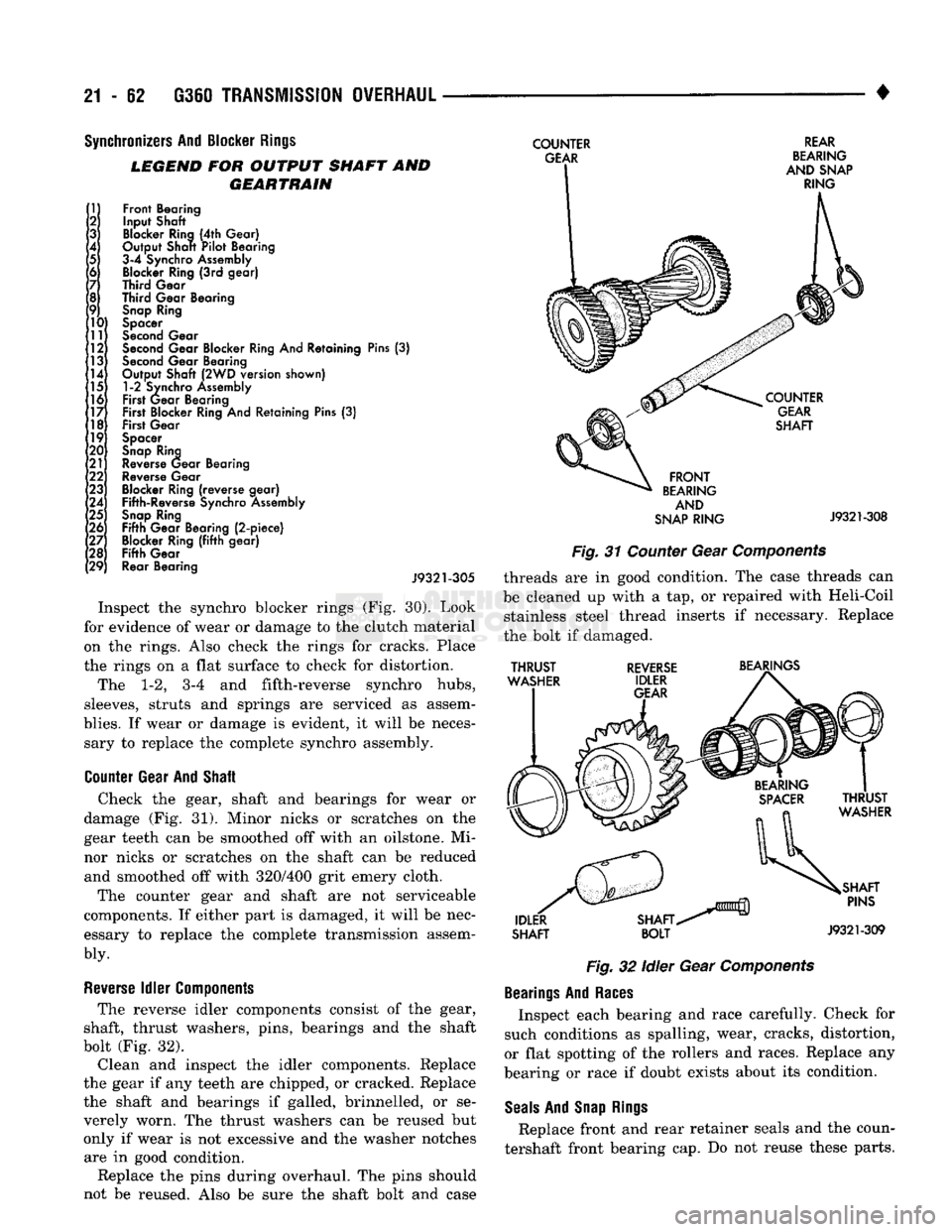 DODGE TRUCK 1993 Service Repair Manual
21 - 62 G360
TRANSMISSION
OVERHAUL
Synchronizers
And
Blocker
Rings
LEGEND
FOR OUTPUT SHAFT AND GEARTRAIN
COUNTER
GEAR
8
9
ho
11
12
13 14
15
16
17
18
19
20'
21
22 DODGE TRUCK 1993 Service Repair Manual
21 - 62 G360
TRANSMISSION
OVERHAUL
Synchronizers
And
Blocker
Rings
LEGEND
FOR OUTPUT SHAFT AND GEARTRAIN
COUNTER
GEAR
8
9
ho
11
12
13 14
15
16
17
18
19
20'
21
22