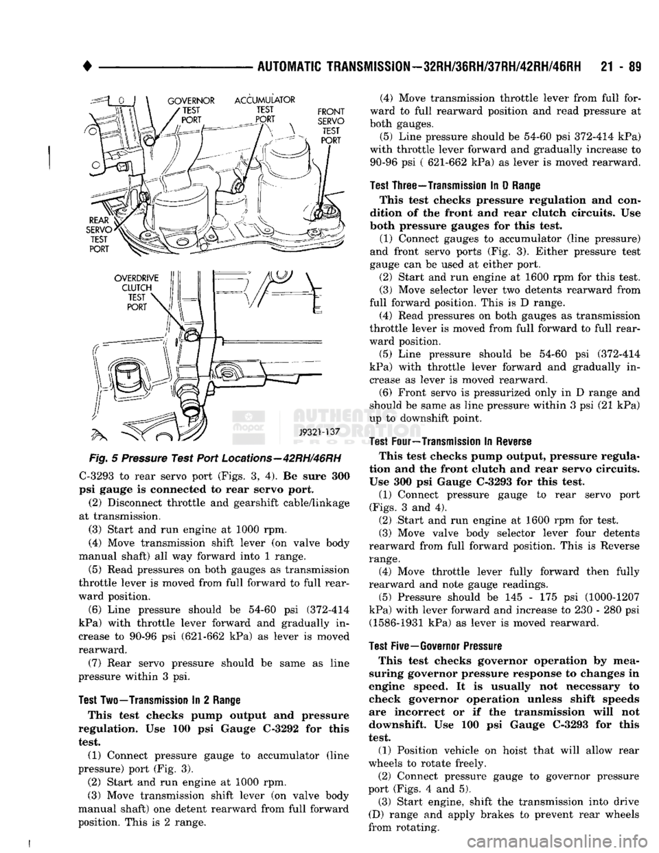 DODGE TRUCK 1993  Service Repair Manual 
• 

AUTOMATIC
 TRANSMISSION—32RH/36RH/37RH/42RH/46RH
 21 - 89 

Fig.
 5
 Pressure
 Test Port
 Locations—42RH/46RH 
 C-3293 to rear servo port (Figs. 3, 4). Be sure 300 
psi gauge is connected t