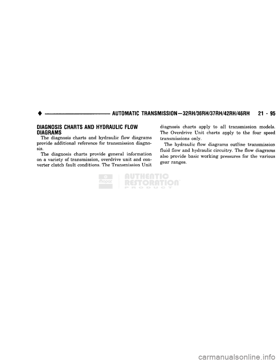 DODGE TRUCK 1993  Service Repair Manual 
• 

AUTOMATIC
 TRANSMISSION—32RH/36RH/37RH/42RH/46RH
 21 - ii 
DIAGNOSIS
 CHARTS AND HYDRAULIC
 FLOW 

DIAGRAMS 

The diagnosis charts and hydraulic flow diagrams 
provide additional reference fo