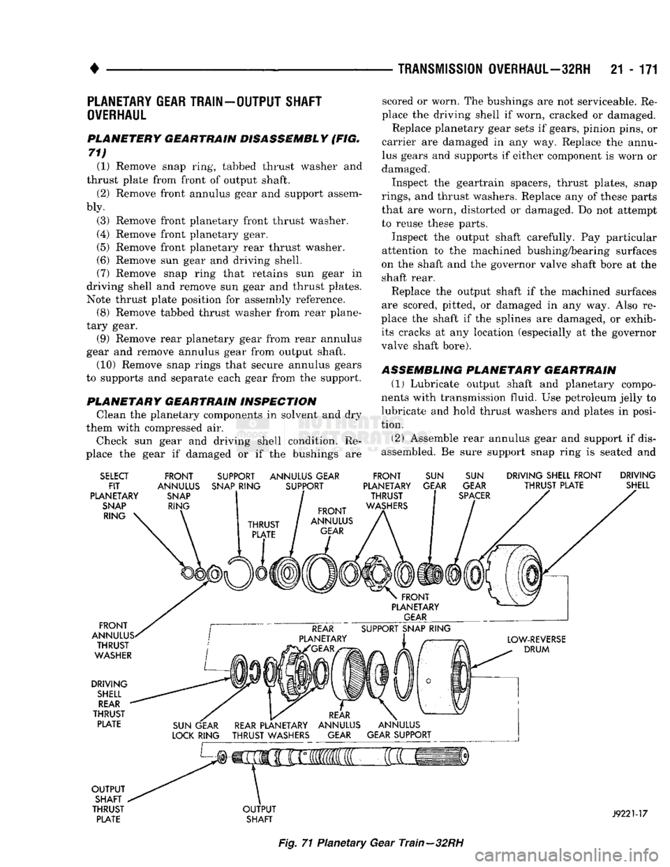 DODGE TRUCK 1993  Service Repair Manual 
TRANSMISSION
 OVERHAUL—32RH
 21 - 171 

PLANETARY GEAR TRAIN 
OVERHAUL 

•OUTPUT
 SHAFT 

PLANETERY GEARTRAIN DISASSEMBLY (FIG. 
71)  (1) Remove snap ring, tabbed thrust washer and 
thrust plate 