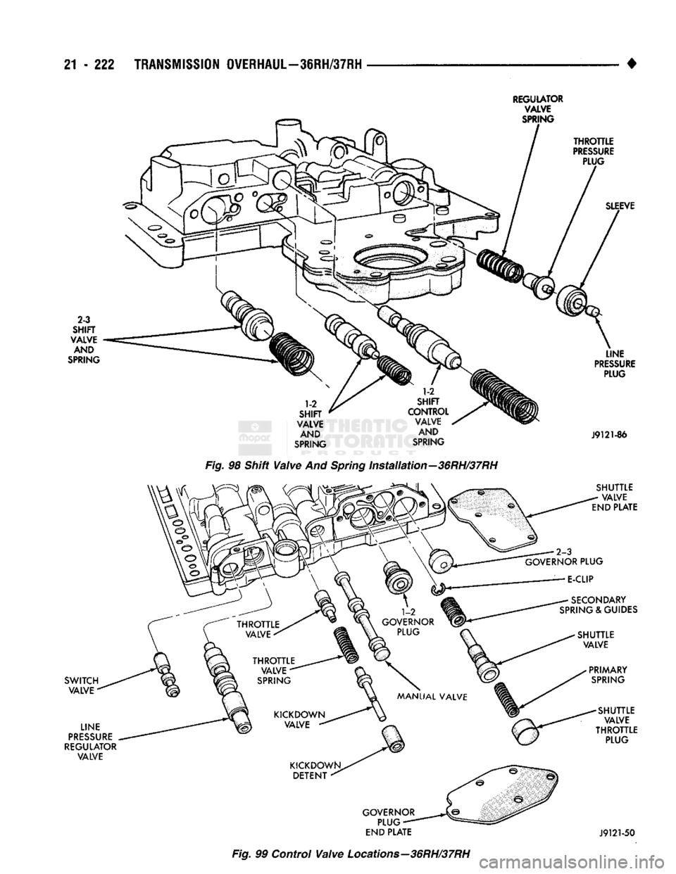 DODGE TRUCK 1993  Service Repair Manual 
21 - 222 TRANSMISSION
 OVERHAUL-86RH/37RH 

REGULATOR VALVE 

SPRING 

THROTTLE 

PRESSURE 
 PLUG 

2-3 

SHIFT 

VALVE  AND 

SPRING 
 SLEEVE 

SWITCH  VALVE 
LINE 

PRESSURE 

REGULATOR  VALVE 
 1-