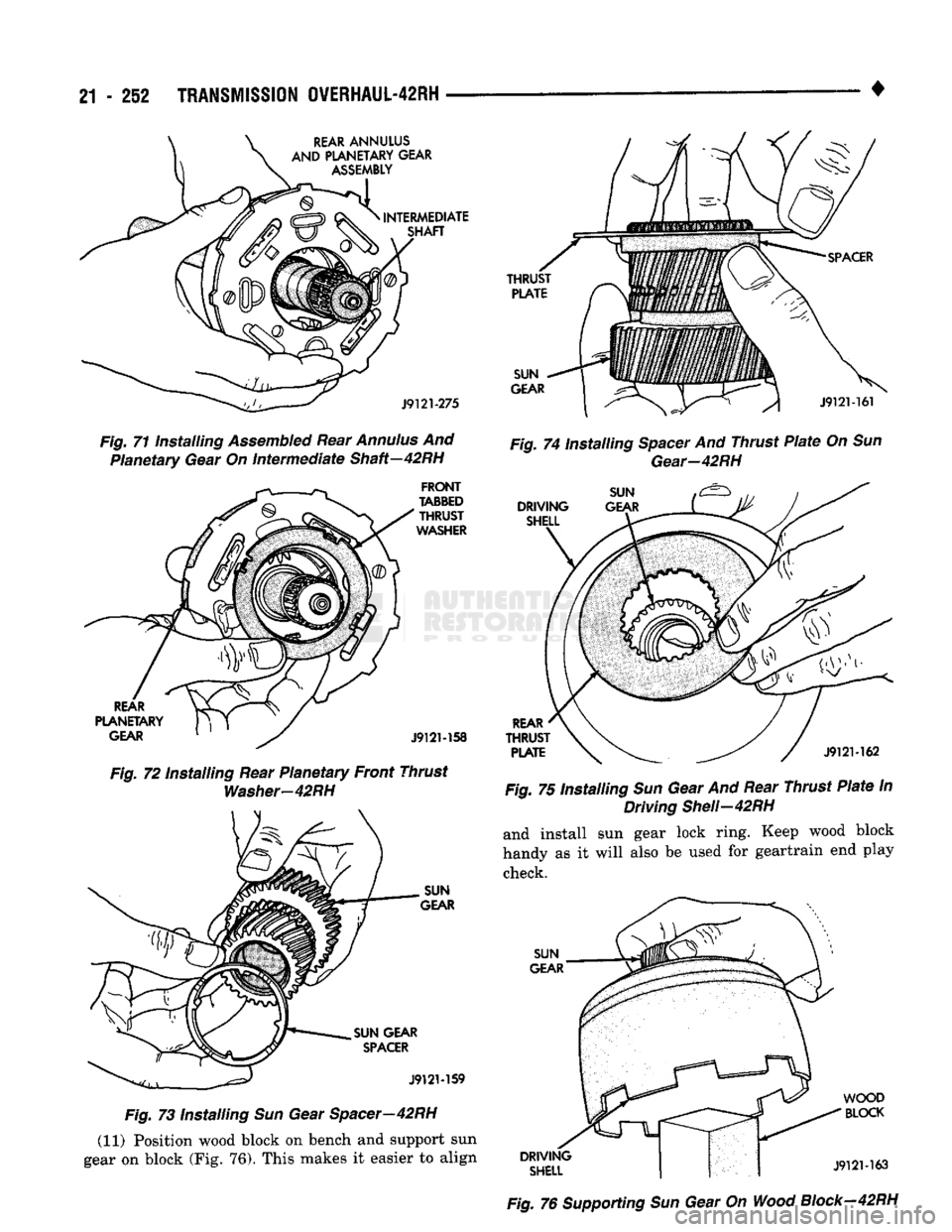 DODGE TRUCK 1993  Service Repair Manual 
21 

- 252  TRANSMISSION OVERHAUL-42RH 
• 

REAR
 ANNULUS 

AND
 PLANETARY
 GEAR 
 ASSEMBLY 

INTERMEDIATE 
SHAFT 

J9121-275 

Fig.
 71 installing
 Assembled
 Rear
 Annulus
 And  Planetary Gear On