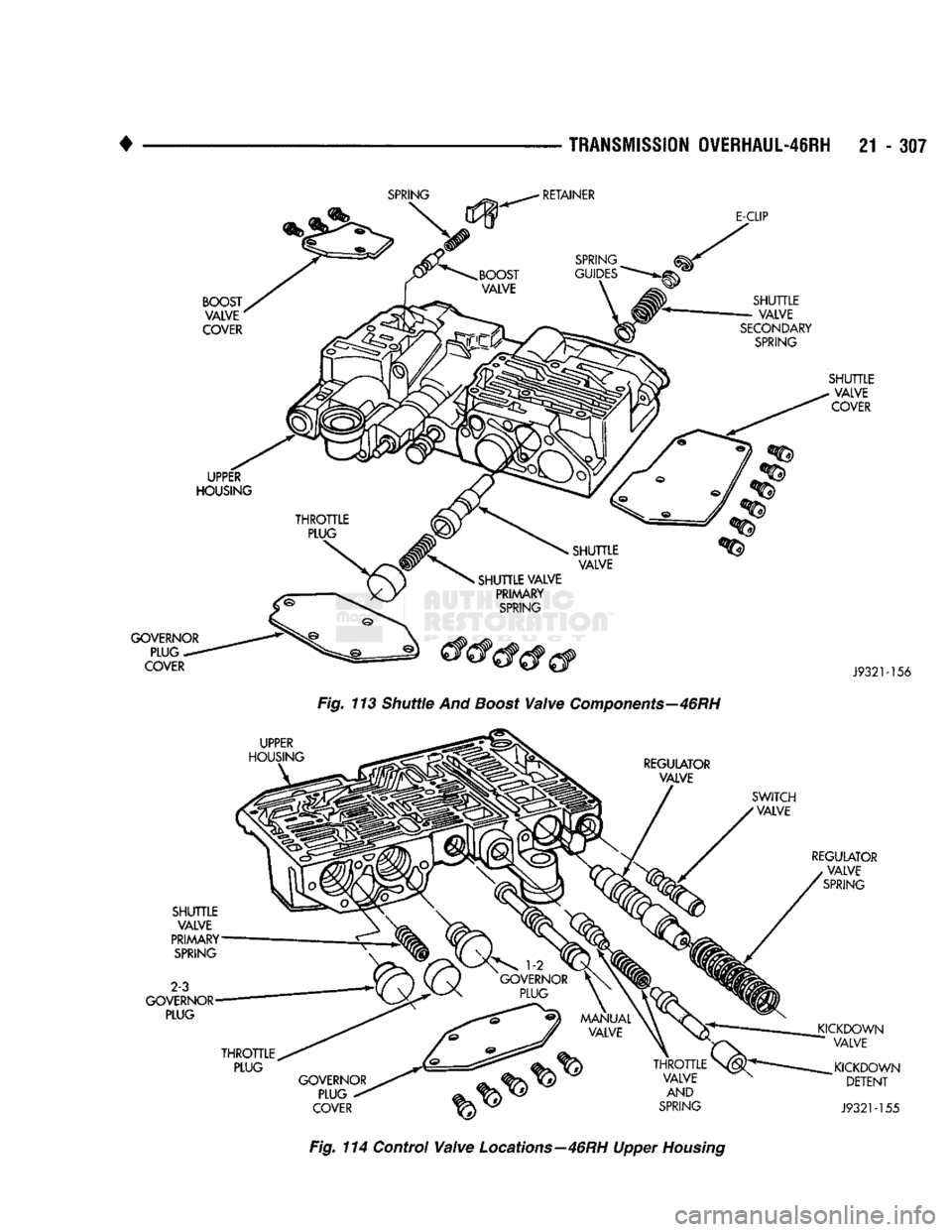 DODGE TRUCK 1993  Service Repair Manual 
TRANSMISSION
 OVERHAUL-46RH 21 - 307 
-156 
Fig. 113 Shuttle And Boost Valve Components—46RH 
Fig. 114 Control Valve Locations—46RH Upper Housing   