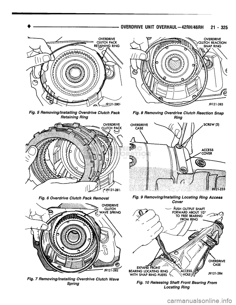 DODGE TRUCK 1993  Service Repair Manual 
• 
OVERDRIVE UNIT OVERHAUL—42RH/46RH 21 - 325 
Fig. 5 Removing/Installing Overdrive Clutch Pack  Retaining Ring 
Fig. 6 Overdrive Clutch Pack Removal 
Fig. 7 Removing/installing Overdrive Clutch 