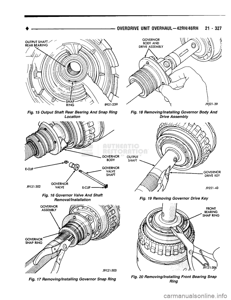 DODGE TRUCK 1993  Service Repair Manual 
OVERDRIVE
 UNIT OVERHAUL—42RH/48RH
 21 - 327 

OUTPUT
 SHAFT/ 
 REAR
 BEARING 

•SNAP-
RING 
 8921-239 
Fig. 15 Output Shaft Rear Bearing And
 Snap Ring 
 Location 

E-CLIP 
 J9121-302 
 GOVERNOR