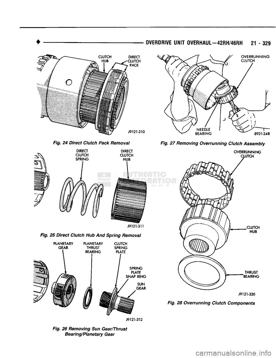 DODGE TRUCK 1993  Service Repair Manual 
• 

OVERDRIVE
 UNIT OVERHAUL—42RH/46RH 21 - 321 
Fig. 24 Direct Clutch Pack Removal Fig. 27 Removing Overrunning Clutch Assembly 

J9121-312 

Fig. 26 Removing Sun Gear/Thrust  Bearing/Planetary 