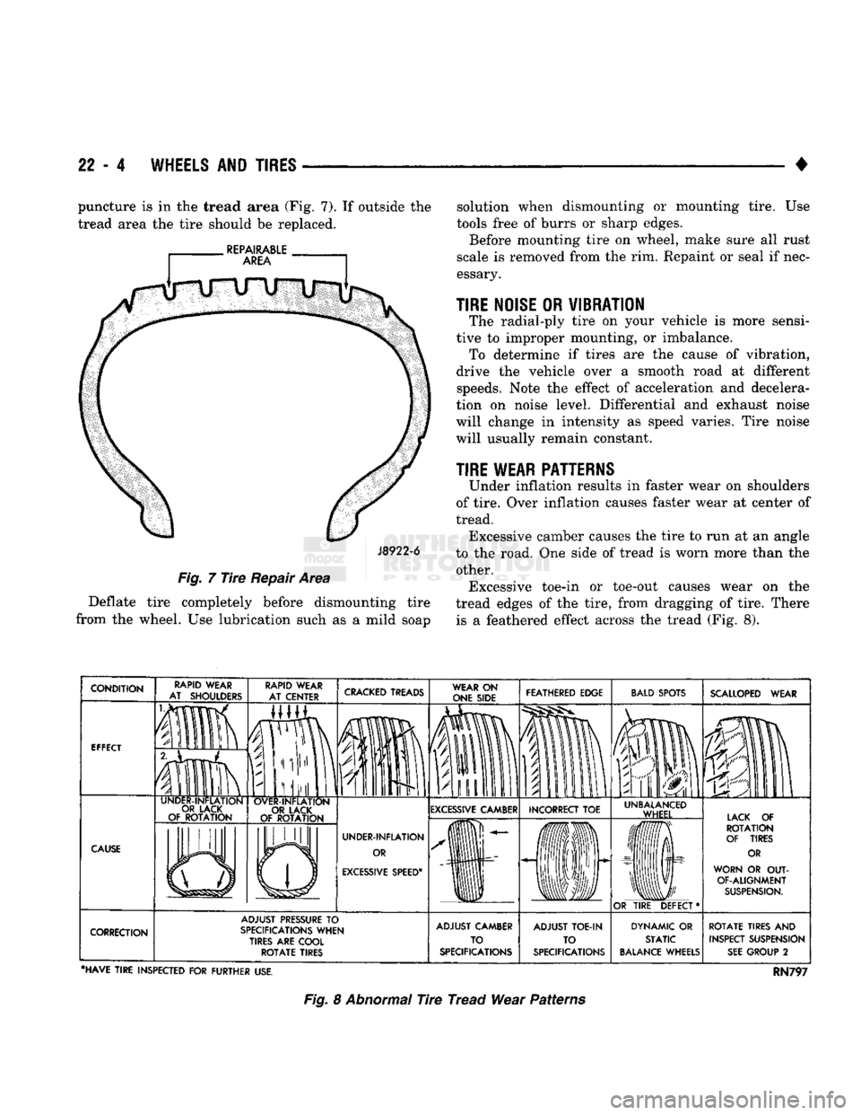 DODGE TRUCK 1993  Service Repair Manual 
22 - 4
 WHEELS
 AND
 TIRES 

• puncture is in the tread area (Fig. 7). If outside the 
tread area the tire should be replaced. 

J8922-6 

Fig.
 7
 Tire
 Repair Area 
Deflate tire completely before