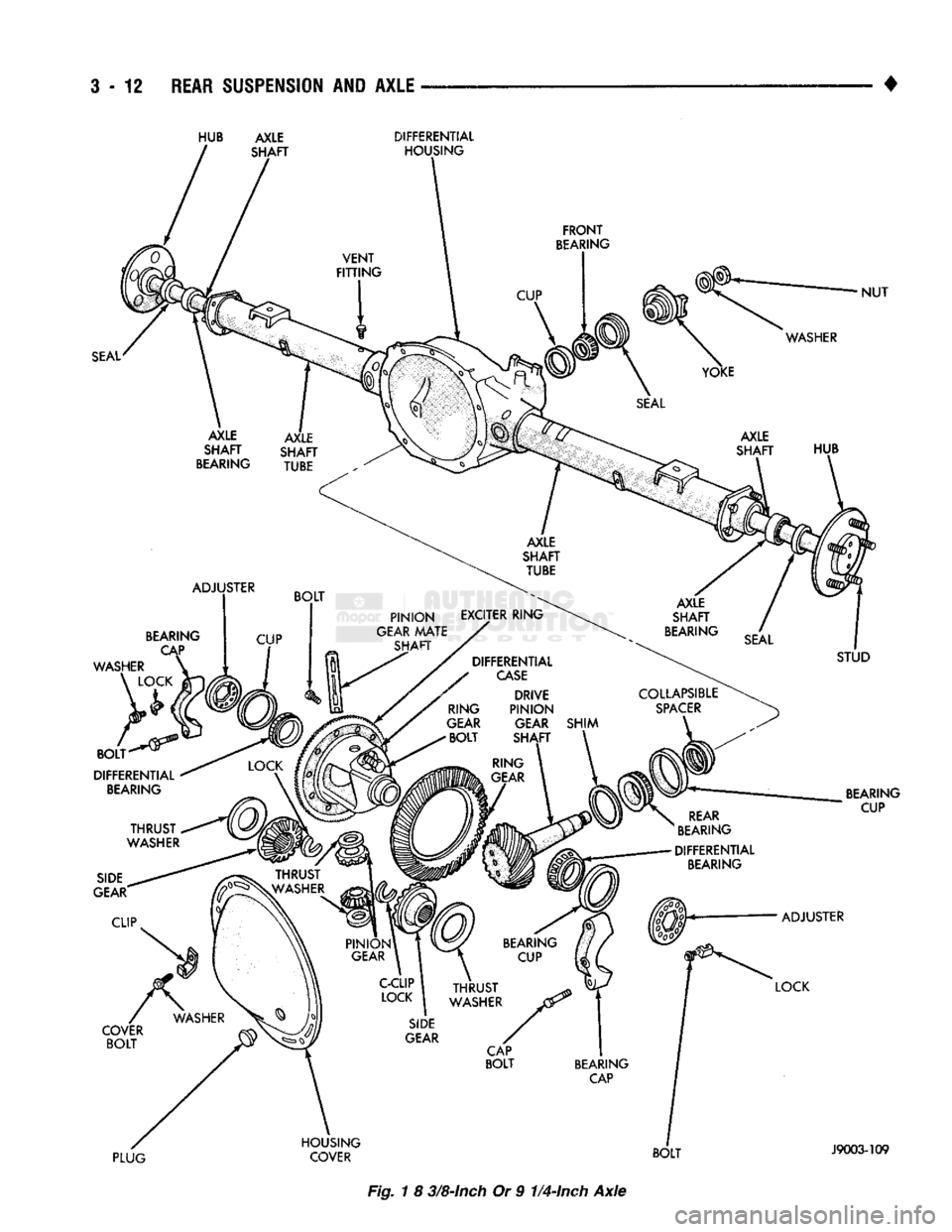 DODGE TRUCK 1993  Service Repair Manual 
3
 - 12
 REAR
 SUSPENSION
 AND
 AXLE 

• 
HUB 

AXLE 

SHAFT 
 DIFFERENTIAL 
HOUSING  FRONT 

BEARING 

VENT 

FITTING 

SEAL 
 AXLE
 AXLE 

SHAFT SHAFT 

BEARING
 TUBE 

BEARING 
 CAP 

WASHER 
 L