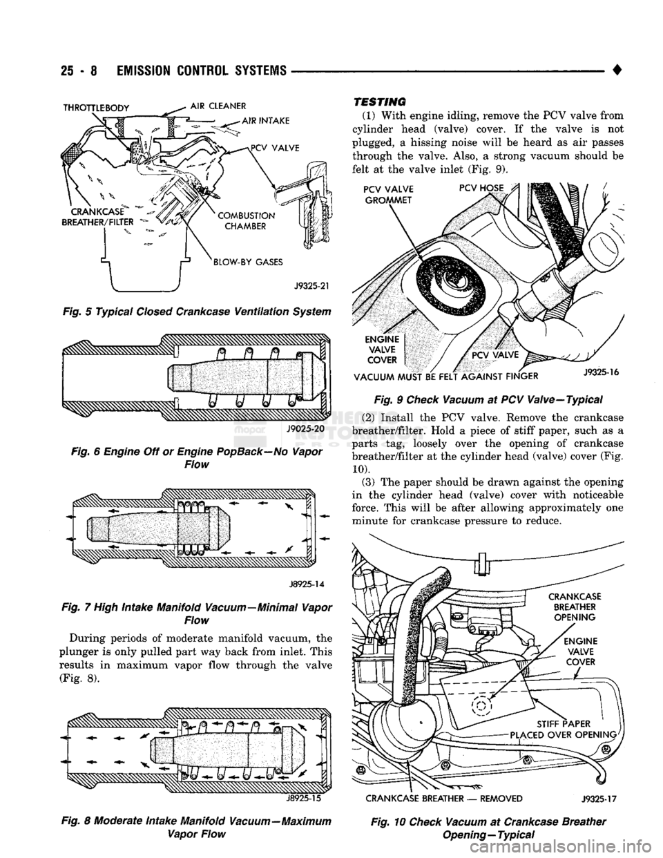 DODGE TRUCK 1993 Service Repair Manual
25 - 8
EMISSION
CONTROL
SYSTEMS
•
Fig.
5 Typical
Closed
Crankcase
Ventilation
System
J9025-20
Fig.
6
Engine
Off or
Engine
PopBack—No
Vapor
Flow
J8925-14
Fig.
7
High
DODGE TRUCK 1993 Service Repair Manual
25 - 8
EMISSION
CONTROL
SYSTEMS
•
Fig.
5 Typical
Closed
Crankcase
Ventilation
System
J9025-20
Fig.
6
Engine
Off or
Engine
PopBack—No
Vapor
Flow
J8925-14
Fig.
7
High