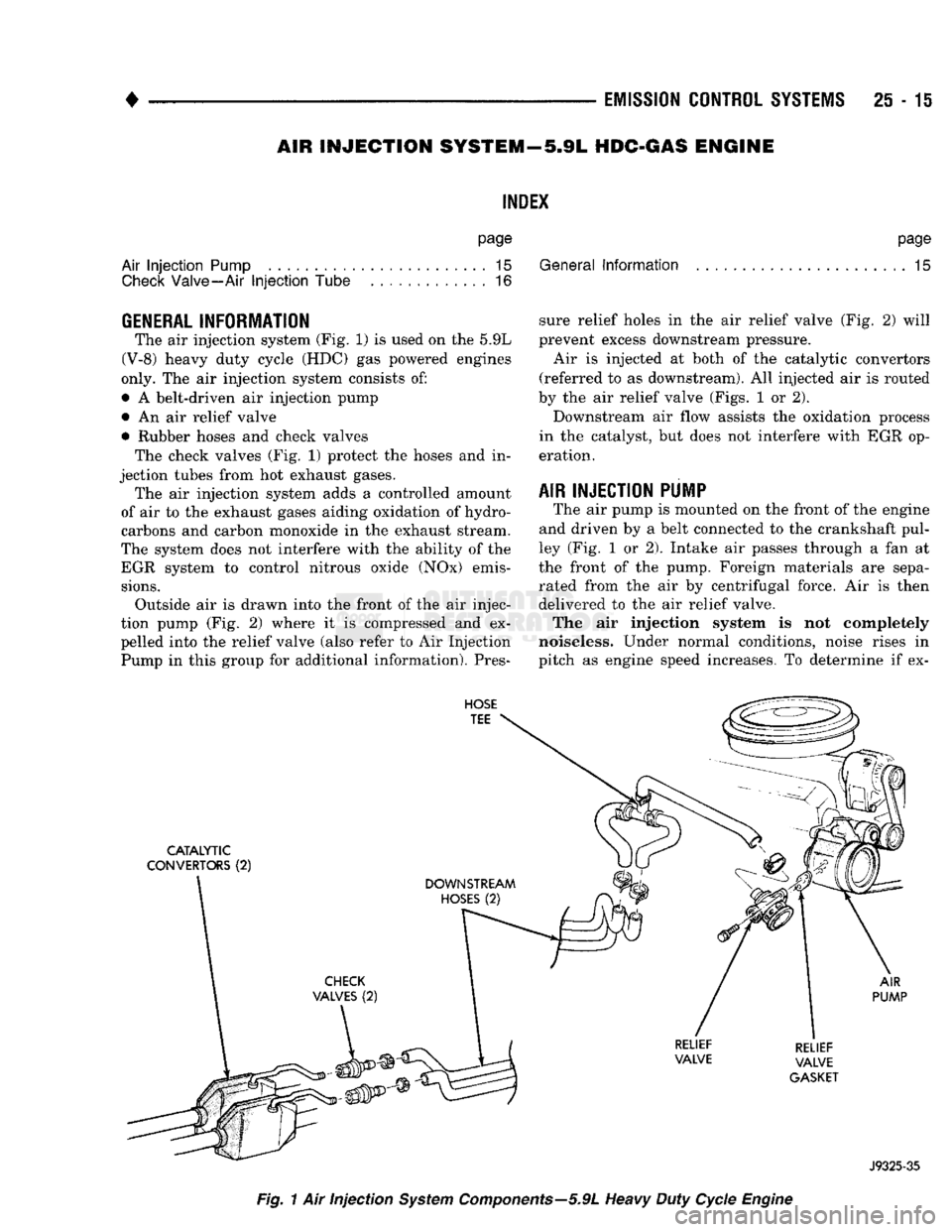 DODGE TRUCK 1993 Service Repair Manual
•
EMISSION
CONTROL
SYSTEMS
25 - 15
AIR INJECTION SYSTEM—5.9L
HDC-GAS
ENGINE
INDEX
page
Air
Injection
Pump
15
Check
Valve—Air
Injection
Tube 16 General
Information
page
DODGE TRUCK 1993 Service Repair Manual
•
EMISSION
CONTROL
SYSTEMS
25 - 15
AIR INJECTION SYSTEM—5.9L
HDC-GAS
ENGINE
INDEX
page
Air
Injection
Pump
15
Check
Valve—Air
Injection
Tube 16 General
Information
page