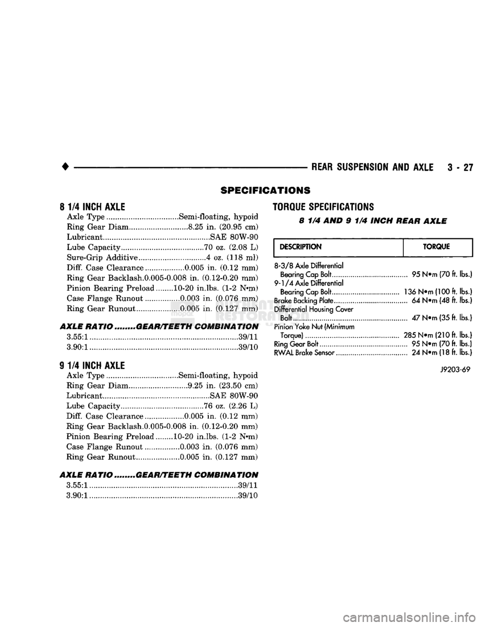 DODGE TRUCK 1993  Service Repair Manual 
• 

REAR
 SUSPENSION
 AND
 AXLE
 3 - 27 
SPECIFICATIONS 

8
 1/4
 INCH AXLE 
 Axle Type .Semi-floating, hypoid 
Ring Gear Diam.. ....8.25
 in.
 (20.95 cm) 
Lubricant............................. ..