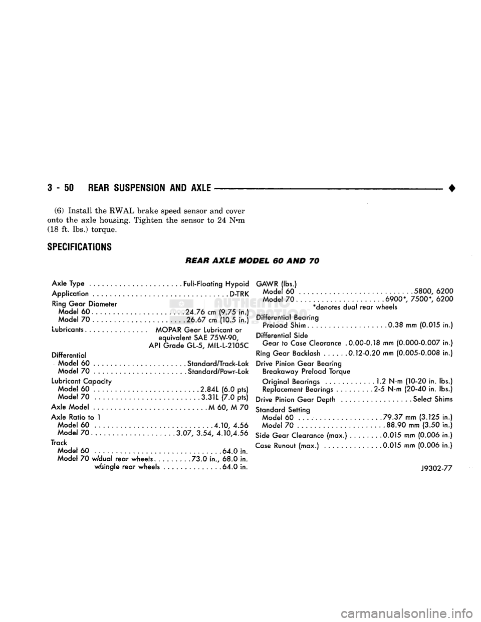 DODGE TRUCK 1993  Service Repair Manual 
3
 - 50
 REAR
 SUSPENSION
 AND
 AXLE 

• (6)
 Install
 the
 RWAL brake
 speed
 sensor
 and
 cover 

onto
 the
 axle
 housing.
 Tighten
 the
 sensor
 to 24 Nsm  (18 ft. lbs.)
 torque. 

SPECIFICATIO