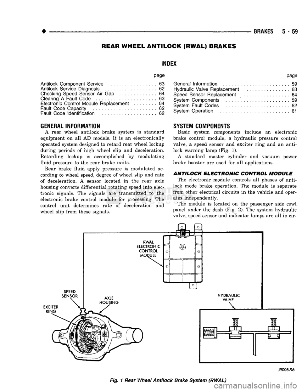 DODGE TRUCK 1993  Service Repair Manual 
• 

BRAKES
 5 - 59 
REAR
 WHEEL
 ANTILOCK
 (RWAL) BRAKES 

page 

Antilock
 Component Service
 63 

Antilock
 Service Diagnosis
 62 
 Checking
 Speed
 Sensor
 Air
 Gap .............
 64 

Clearing
